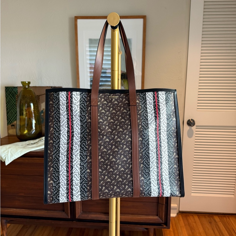 Burberry Brown Monogram Stripe Canvas Tote with White and Red Accents